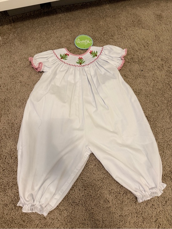 Classic Whimsy Other - Smocked White Kids christmas romper with Pink Trim